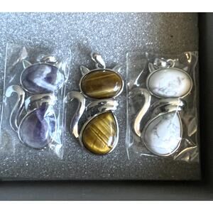 HSN 3 Cat Pendants Purple Brown & White Sterling Silver Necklace Charms